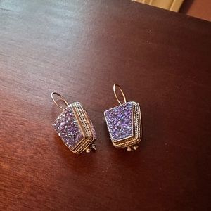 .925 Sarda sterling silver stamped purple druzy quartz earrings.